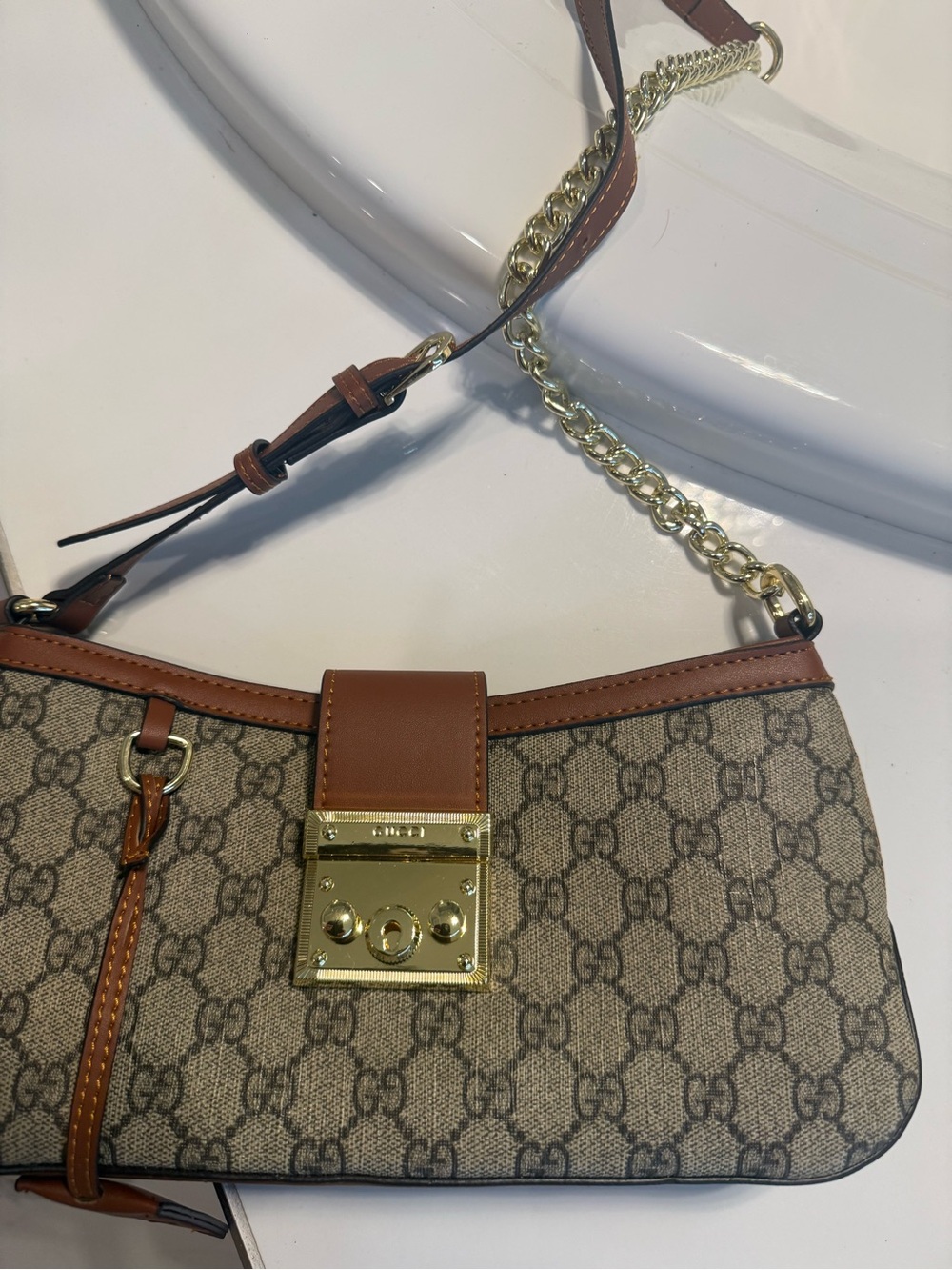 1.1 Beige GG Canvas Shoulder Bag with Brown Trim and Gold Hardware